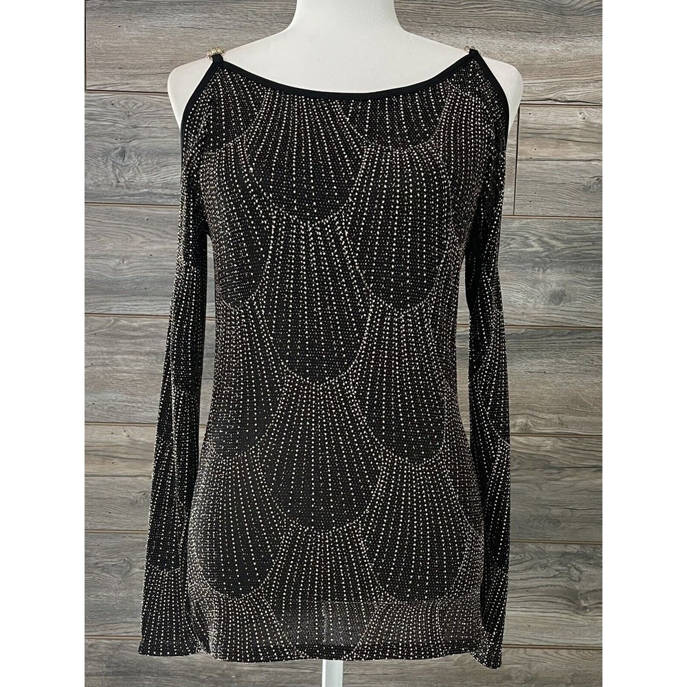 VENUS Top Women's Black and Gold Glitter Sparkle Shirt Open Cold Shoulder XS